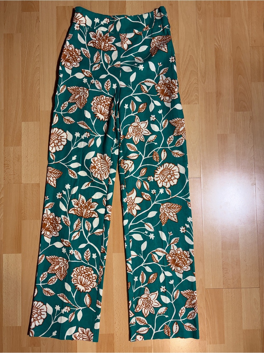 Sezane Baptisto Teal Cream Floral Linen Cotton Wide Leg Pant 6 - Picture 7 of 16